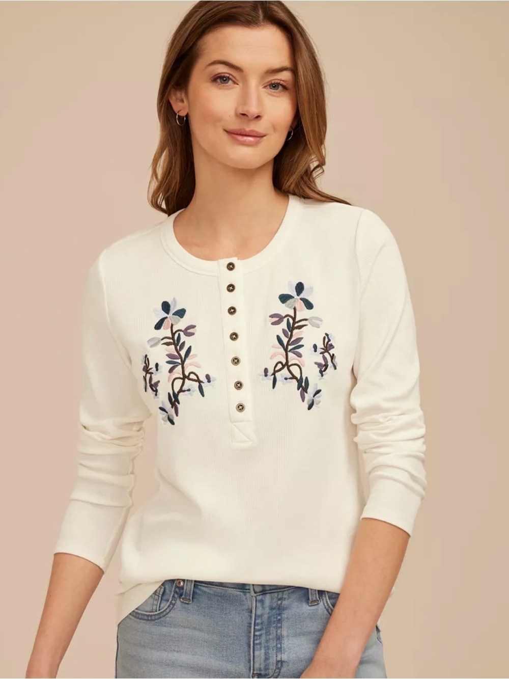Maurices NWT size Medium Floral Embroidered Henley Top Cream Ribbed Long Sleeve